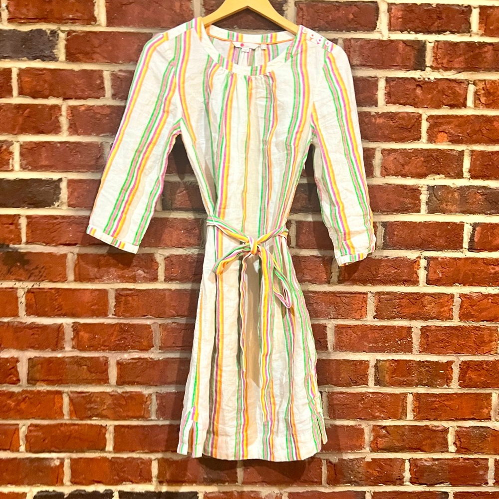 Boden candy striped linen dress with belt tie